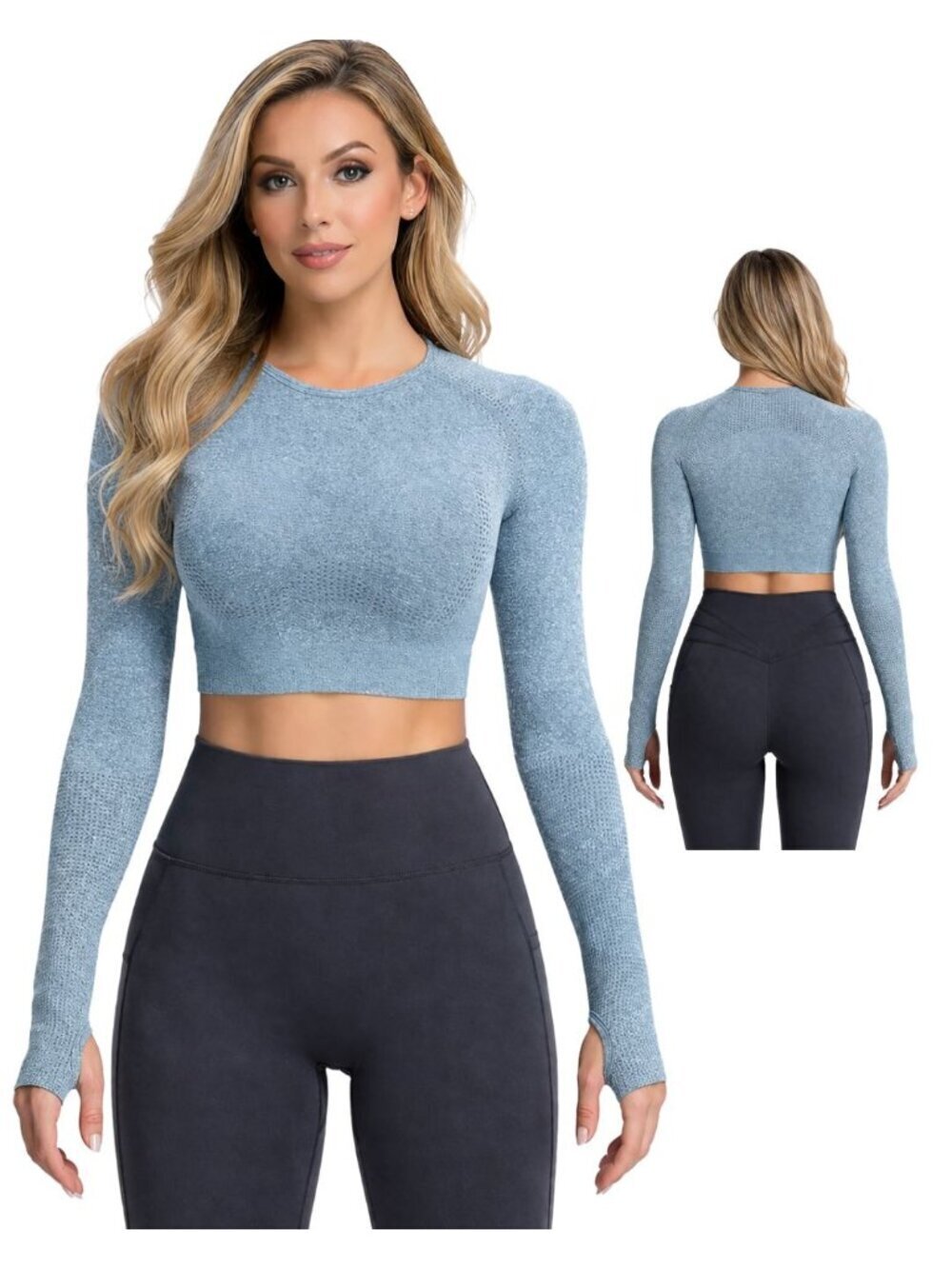 Marine Blue Seamless Long Sleeve Crop Top with Compression Fit for Workouts Lg